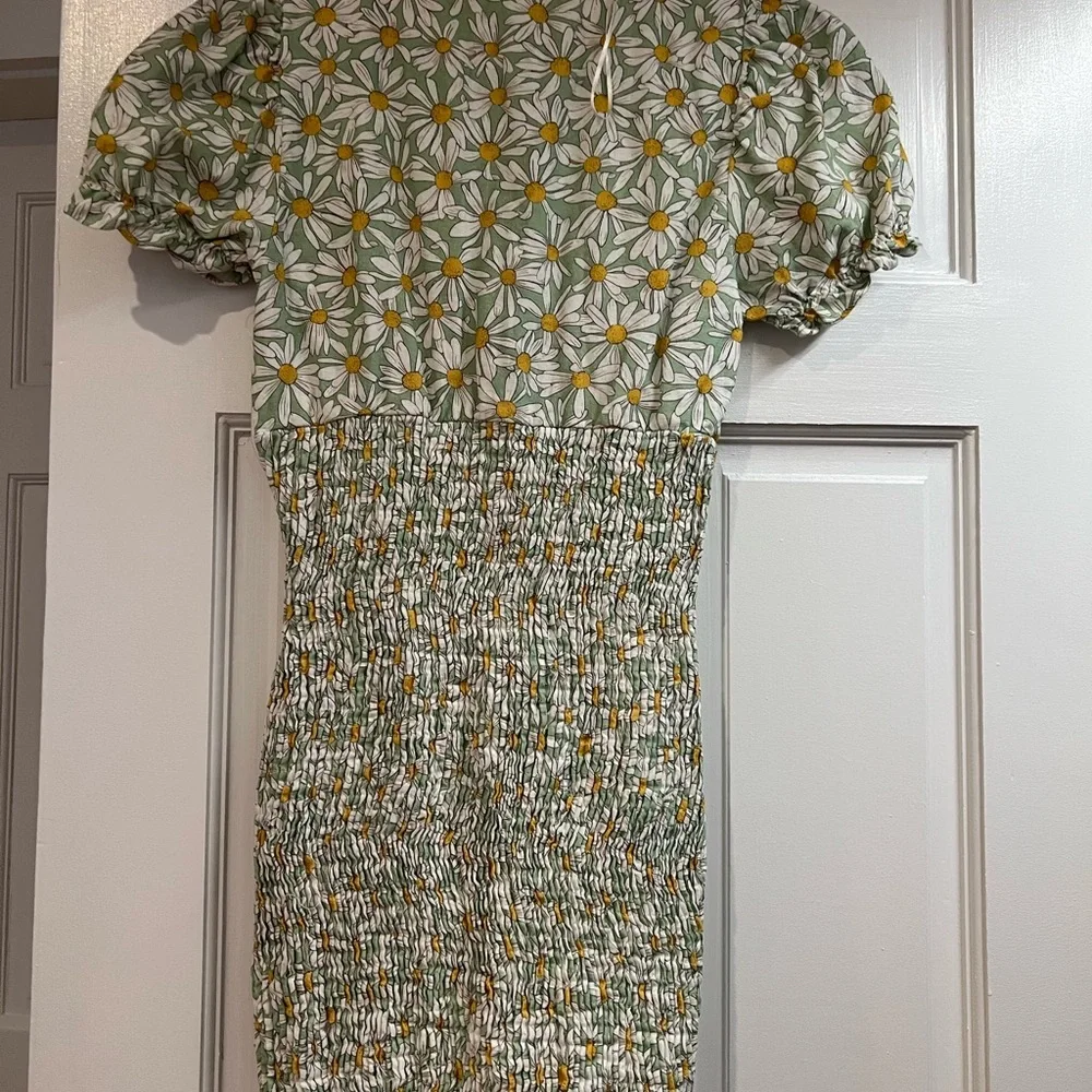 ZARA Linen Blend Floral Print Dress Light Green, S - Picture 5 of 5